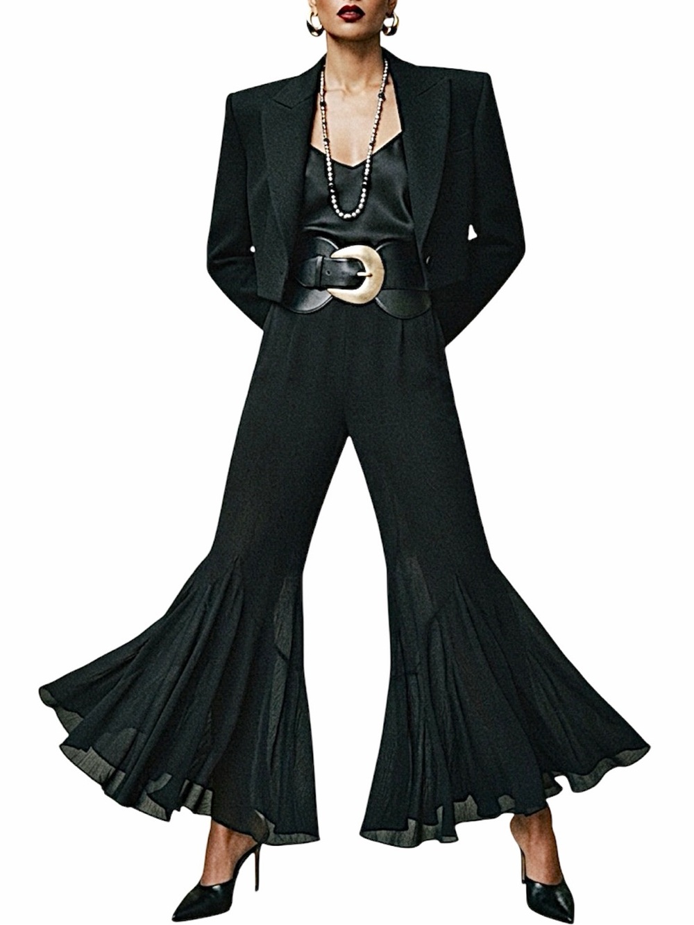 Vintage Joseph Ribkoff black chiffon high rise wide leg flare hem flamenco pants